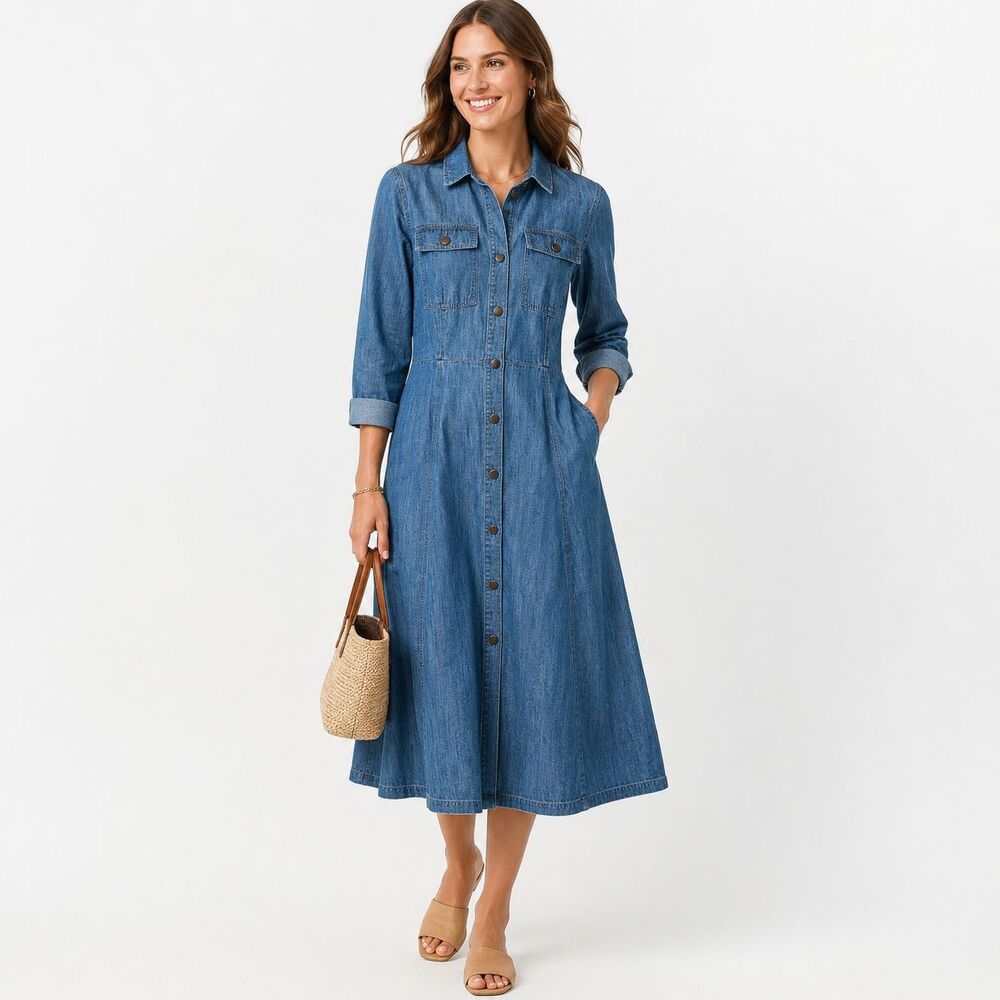Loft Chambray Seamed Midi Sirtdress Size 0 Blue 100% Cotton Pocket Dress